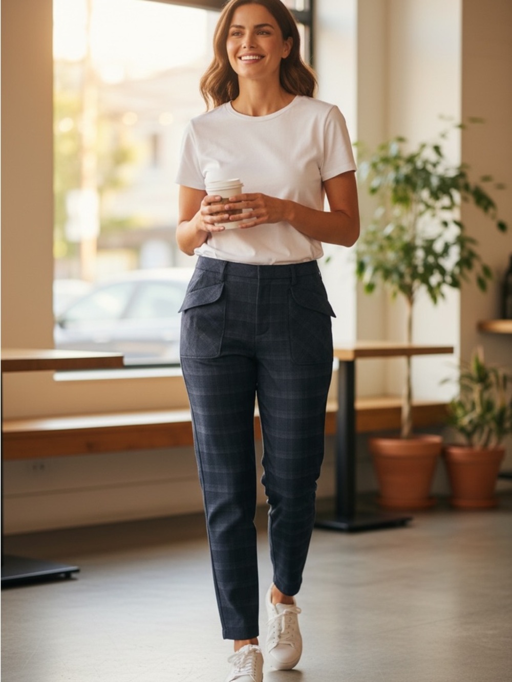 Democracy Navy Plaid Straight-Leg Ankle Pants